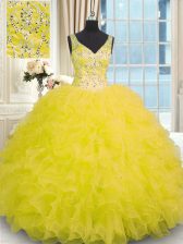  Yellow Zipper 15 Quinceanera Dress Beading and Ruffles Sleeveless Floor Length