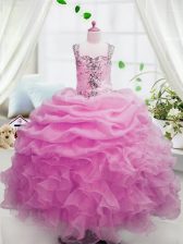 Sweet Pink Ball Gowns Organza Square Sleeveless Beading and Ruffles and Pick Ups Floor Length Zipper Little Girl Pageant Gowns