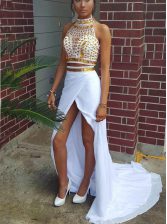 Dynamic White Dress for Prom Scoop Sleeveless Court Train Zipper