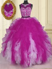 Latest Scoop Fuchsia Zipper Sweet 16 Quinceanera Dress Beading and Ruffles Sleeveless Floor Length