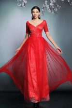 Luxury Sequins Floor Length Empire Short Sleeves Red Prom Gown Zipper