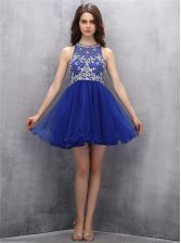 Chic Scoop Beading Prom Gown Royal Blue Zipper Sleeveless Mini Length