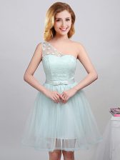 Charming Apple Green A-line Tulle One Shoulder Sleeveless Lace and Appliques and Belt Mini Length Lace Up Damas Dress