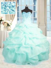  Aqua Blue Ball Gowns Organza Sweetheart Sleeveless Beading and Ruffles Floor Length Lace Up 15 Quinceanera Dress