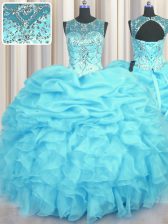 Inexpensive See Through Aqua Blue Organza Lace Up Scoop Sleeveless Floor Length Quinceanera Gown Beading and Ruffles and Pick Ups