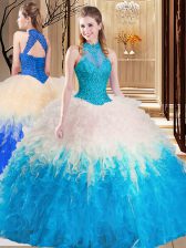  Multi-color Tulle Backless High-neck Sleeveless Floor Length Ball Gown Prom Dress Lace and Appliques and Ruffles