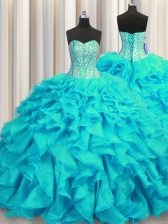 Hot Selling Visible Boning Aqua Blue Vestidos de Quinceanera Sweetheart Sleeveless Brush Train Lace Up