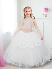  White Zipper Halter Top Beading and Lace Flower Girl Dress Tulle Sleeveless