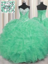 Elegant Apple Green Organza Lace Up Sweetheart Sleeveless Floor Length Quinceanera Dresses Beading and Ruffles