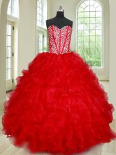 Classical Red Sweetheart Lace Up Beading and Ruffles 15th Birthday Dress Sleeveless