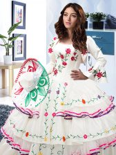 Cute Sleeveless Organza and Taffeta Floor Length Lace Up Sweet 16 Dress in White with Embroidery and Ruffled Layers
