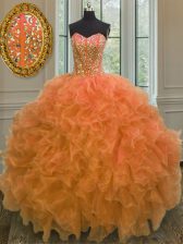  Orange Ball Gowns Sweetheart Sleeveless Organza Floor Length Lace Up Beading and Ruffles Sweet 16 Dress
