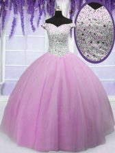  Off the Shoulder Floor Length Lilac Vestidos de Quinceanera Tulle Short Sleeves Beading