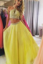  Halter Top Floor Length Zipper Prom Gown Yellow for Prom and Party with Beading