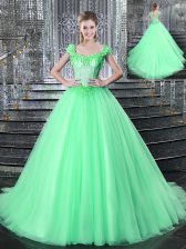 Straps Apple Green Sleeveless Tulle Brush Train Lace Up Ball Gown Prom Dress for Military Ball and Sweet 16 and Quinceanera