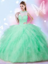  High-neck Sleeveless Lace Up Quinceanera Dress Apple Green Tulle