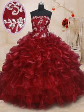  Organza Strapless Sleeveless Lace Up Beading and Ruffles and Ruffled Layers Quinceanera Dresses in Burgundy
