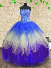 New Arrival Sweetheart Sleeveless Quinceanera Gowns Floor Length Beading and Sequins Multi-color Tulle
