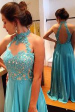 Sweet Scoop Backless Prom Party Dress Blue for Prom and Party with Beading and Appliques Sweep Train