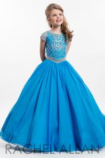 Pretty Scoop Blue Organza Zipper Little Girls Pageant Gowns Cap Sleeves Floor Length Beading