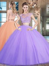 Elegant Scoop Cap Sleeves Sweet 16 Quinceanera Dress Floor Length Beading and Appliques Lavender Tulle