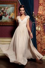  Champagne Cap Sleeves Chiffon Side Zipper Prom Evening Gown for Prom and Party