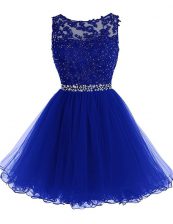  A-line Evening Dress Royal Blue Scoop Chiffon Sleeveless Knee Length Zipper