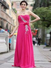  Hot Pink Zipper Sweetheart Beading and Hand Made Flower Evening Dress Chiffon Sleeveless Brush Train