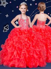 Eye-catching Floor Length Coral Red Little Girl Pageant Gowns Halter Top Sleeveless Zipper