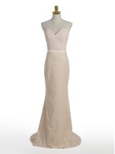  Mermaid With Train Champagne Prom Party Dress Elastic Woven Satin Brush Train Sleeveless Sequins