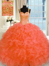 Fashionable Orange Red Organza Lace Up Vestidos de Quinceanera Sleeveless Floor Length Embroidery and Ruffles