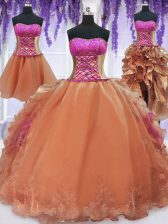  Four Piece Orange Organza Lace Up Strapless Sleeveless Floor Length Sweet 16 Dress Embroidery and Ruffles