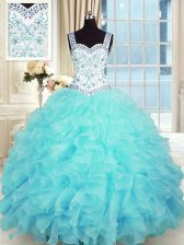 Beautiful Aqua Blue Sleeveless Organza Lace Up Quinceanera Dresses for Military Ball and Sweet 16 and Quinceanera