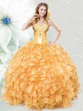 Captivating Sleeveless Lace Up Floor Length Beading and Ruffles Quinceanera Gowns