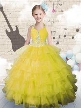 Superior Ruffled Halter Top Sleeveless Lace Up Kids Formal Wear Yellow Green Organza