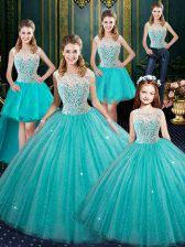  Floor Length Aqua Blue Quinceanera Dresses High-neck Sleeveless Lace Up