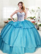 Traditional Aqua Blue Lace Up Sweetheart Beading and Ruffled Layers Vestidos de Quinceanera Tulle Sleeveless