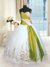  Sleeveless Floor Length Embroidery and Sashes ribbons Lace Up 15 Quinceanera Dress with White