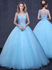  Light Blue V-neck Neckline Lace and Appliques Quinceanera Gown Sleeveless Lace Up