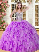 Enchanting Eggplant Purple Organza Lace Up Sweetheart Sleeveless Floor Length 15 Quinceanera Dress Beading and Ruffles
