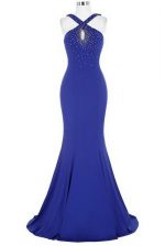 Custom Designed Mermaid Halter Top Sleeveless Elastic Woven Satin Prom Dresses Beading Brush Train Zipper