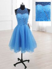  Baby Blue A-line High-neck Sleeveless Organza Knee Length Lace Up Sequins Prom Party Dress