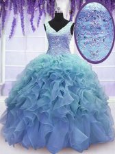 Clearance Blue Sleeveless Floor Length Beading and Embroidery and Ruffles Lace Up Quinceanera Gowns