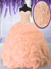Sophisticated Pink Organza Lace Up Quinceanera Dresses Sleeveless Floor Length Beading and Ruffles