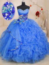  Blue Ball Gowns Organza Sweetheart Sleeveless Beading and Ruffles Floor Length Lace Up Quinceanera Dresses
