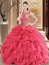  Organza Scoop Sleeveless Lace Up Beading and Ruffles Sweet 16 Dress in Coral Red
