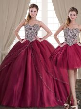 Nice Three Piece Floor Length Burgundy Quinceanera Dress Sweetheart Sleeveless Lace Up