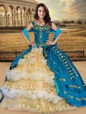  Off the Shoulder Sleeveless Lace Up Floor Length Appliques and Embroidery and Ruffled Layers Quinceanera Dress