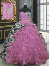  Printed Rose Pink Sleeveless Brush Train Beading and Ruffles and Pattern With Train Sweet 16 Dress