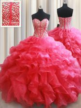 Amazing Floor Length Ball Gowns Sleeveless Coral Red Sweet 16 Dress Lace Up